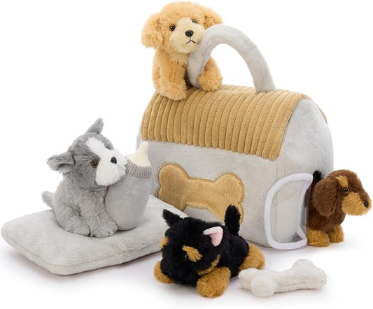 Muiteiur 8-Piece Dog House Plush Set, 9.8 Inch Plush Dog House Set with Cute 4 Puppies, Magic Gate, Bottle, Bed Pad & Bone, Interactive Pet Toy for Kids