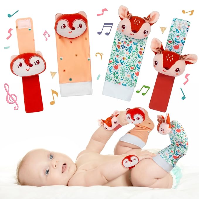 PADONISE Lovely Animal Wrist Rattles & Sock Toy for Baby Infant 0-6 6-12 Month Old Newborn Soft Toy Hand and Foot Finder Girl Boy Birthday Shower Easter Gift Set for Babies