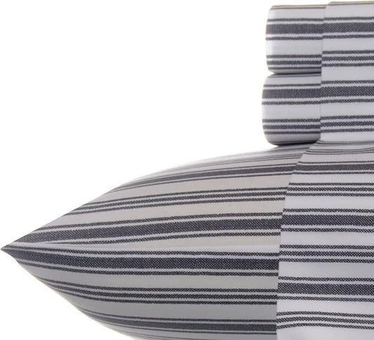 Nautica - Queen Size Sheet Set, Crisp & Tailored Cooling Sheets with a Smooth Cotton Percale Lightweight Feel - Bed Sheets with Matching Pillowcases & Fitted Sheet (Coleridge Stripe Charcoal)