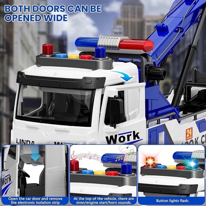 Crane Tow Truck Toy for Car Truck Rescue Police Pickup Road Clearance Vehicle Construction Vehicles Lights Sounds Christmas Birthday Easter Gift for Kids Boys 3 4 5 6 7 8 Years Old Double Hook