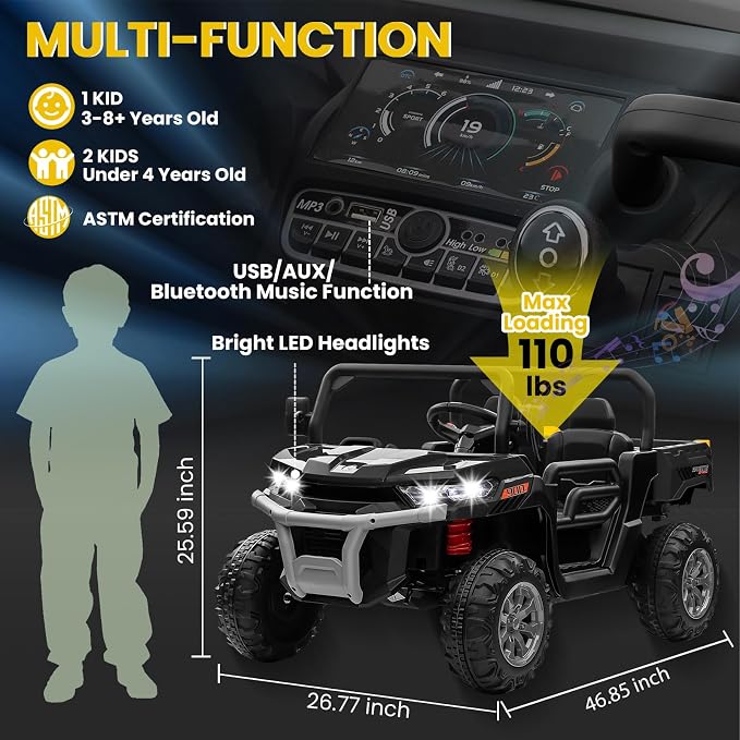 24V 4WD Ride on Truck Car w/4X200W Motor, Dump Bed, Gift Flower, 2 Seaters, Remote Control, 4 Wheeler, LED Light, Music, 24 Volt Ride on Toys for Big Kids Girls 3-8, Black