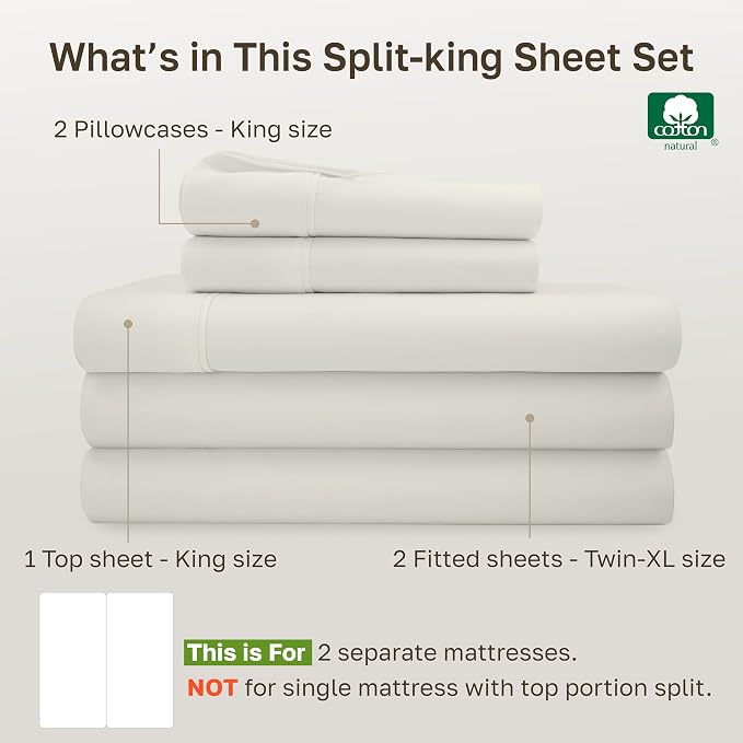 CALIFORNIA DESIGN DEN Soft 100% Cotton Split King Sheet Set, 400 Thread Count Good Housekeeping Award Winner, Silky Sateen Weave with Deep Pockets, Long Staple Cotton Bed Sheet Set - Ivory (Pale Tone)