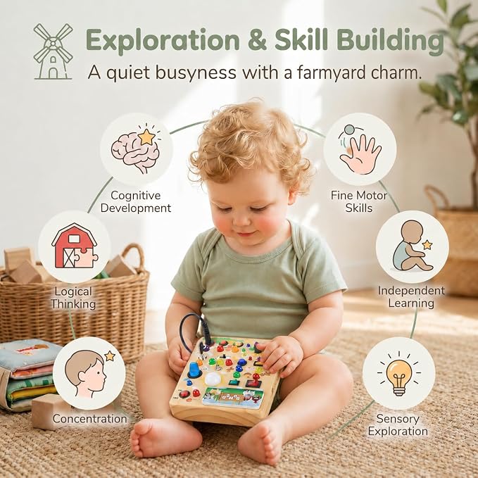 RichBoy Montessori Toy Busy Board for 1-3 Year Old Toddlers, 37-in-1 Sensory Toy with 24 LED Lights, Educational Travel Toy for Airplane Car Rides, First Birthday for Boys Girls (Farm 6.7" X 5.3")