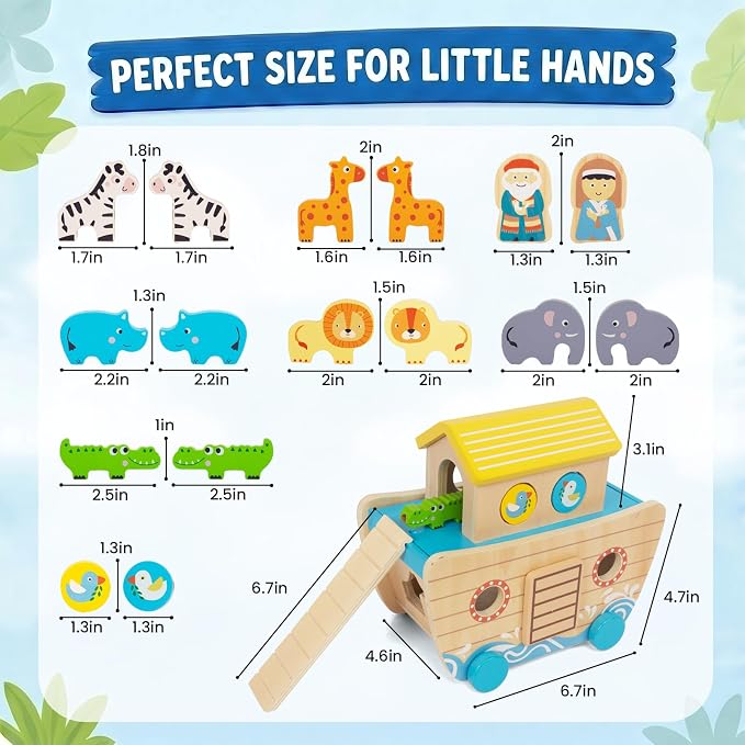 Wooden Noah's Ark Toy for Toddlers 1-3, Baptism Christening Gifts for Boys Girls, Christian Toy Animal Shape Sorter, Baby Birthday
