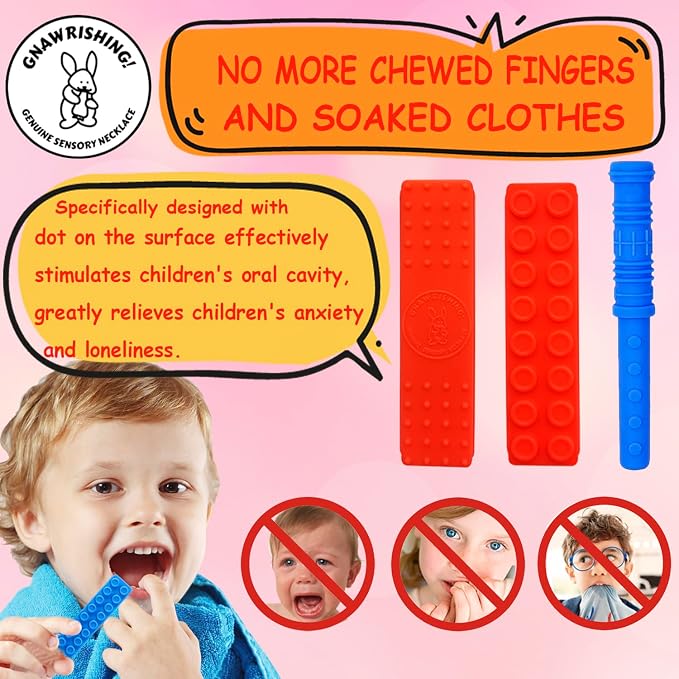 Chew Necklace by GNAWRISHING 6-Pieces Perfect for Autistic, ADHD, SPD, Oral Motor Children, Kids, Boys, and Girls (Tough, Long-Lasting)