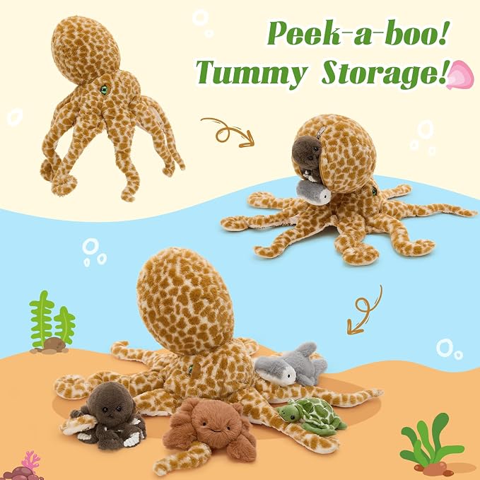 5 Piece Giant Octopus Plush Set, 23.6 Inch Mom Octopus Stuffed Animal with 4 Mini Ocean Animal Plush Toys, Soft Sea Creature Plush with Zippered Head Pouch, Ocean Gift for Kids