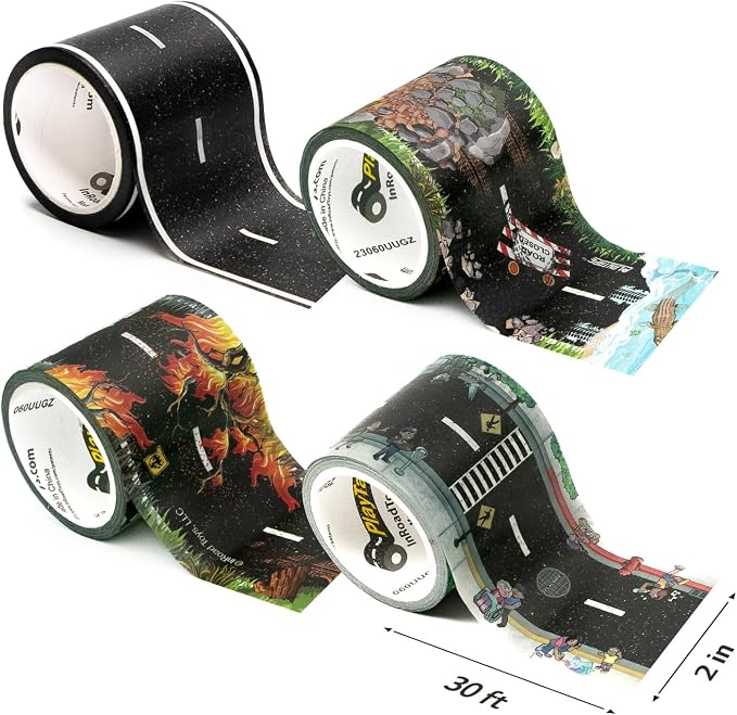 PlayTape Variety Pack Road Tape for Toy Cars - Sticks to Flat Surfaces, No Residue, 2 in. x 30 ft. Roll