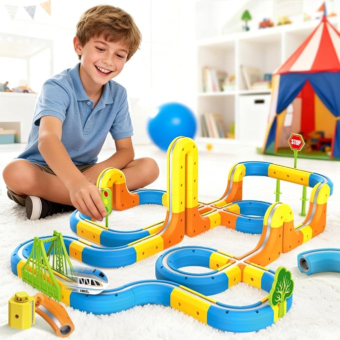 VEAIS Electric Train Set for Kids, 118Pcs 3D Flexible Race Track Sets, Gravity-Defying Motorized Car for Toddlers,Montessori STEM Train Tracks Toys,Birthday Gifts for Kids Boys Girls Age 3 4 5 6 7 8+