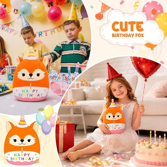 Fox Plush Toy - 10inch Cute Birthday Stuffed Animal Fox Plush Pillow, Soft Kawaii Fox Birthday Gifts Plushie Doll Stuffy Toys Party Decoration for Kids Girls and Boys
