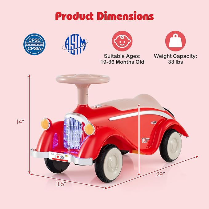 Costzon Toddler Ride On Toy, Classic Foot to Floor Sliding Car w/Steering Wheel, Horn, Headlights & Under Seat Storage, Kids Push Ride-Ons, Retro Baby Ride On Toys for Boys Girls 19-36 Months (Red)
