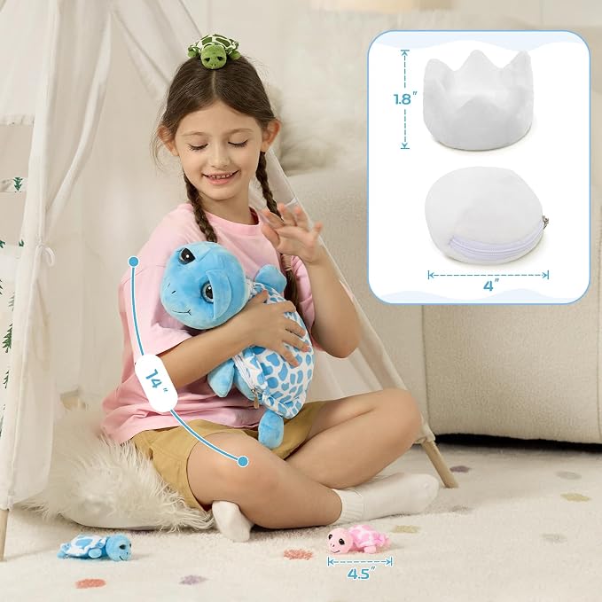 MorisMos Sea Turtle Stuffed Animal Mommy with Babies, 6 Packs Stuffed Turtle Toys for Kids Toddlers, 14'' Mama Big-Eyed Tortoise Toy, Sea Stuffed Animal Plush Pillow Gifts for Birthday Christmas