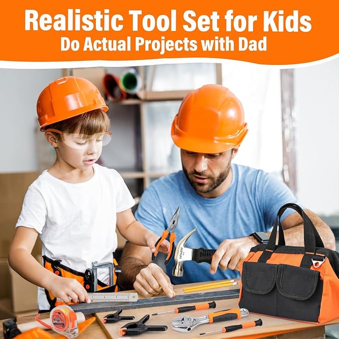 27-Piece Orange Kids Real Tool Set with Storage Tool Bag, Small Real Hand Tool Kit for Boys & Girls, Child Construction Learning Tools for Home Building and Woodworking, 6+ Years Old Boy Birthday Gift