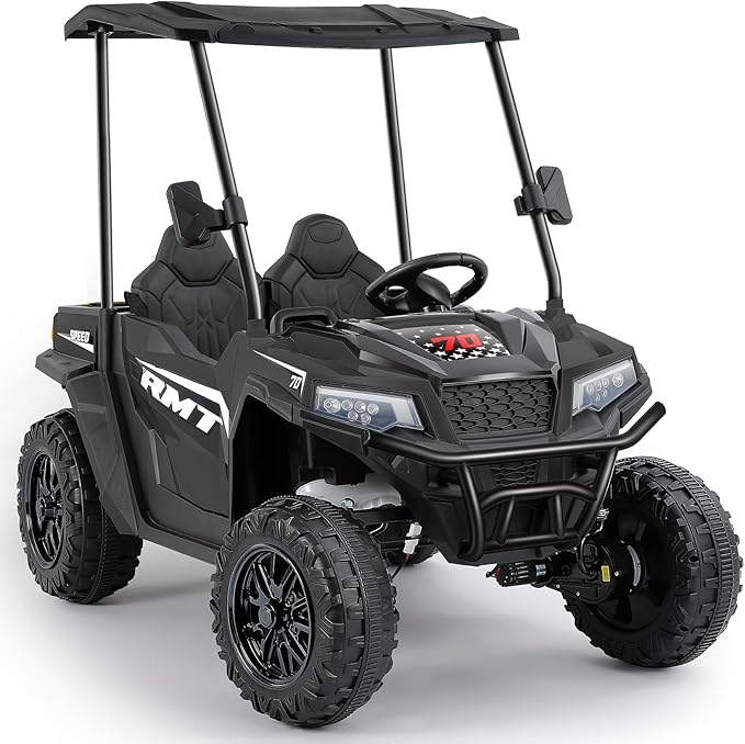 ELEMARA 24V Ride on Toy for Big Kid,Ride on Car 2 Seater w/Sun Shade,Dump Bed & Shovel,4.5MPH,4WD Electric Car for Kids,Battery Car w/Remote,Kids Ride on Truck,3 Speed,LED Lights,Bluetooth, Dark Black