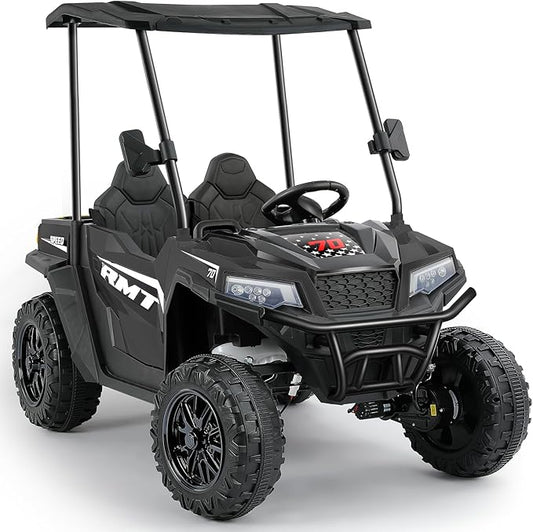 ELEMARA 24V Ride on Toy for Big Kid,Ride on Car 2 Seater w/Sun Shade,Dump Bed & Shovel,4.5MPH,4WD Electric Car for Kids,Battery Car w/Remote,Kids Ride on Truck,3 Speed,LED Lights,Bluetooth, Dark Black