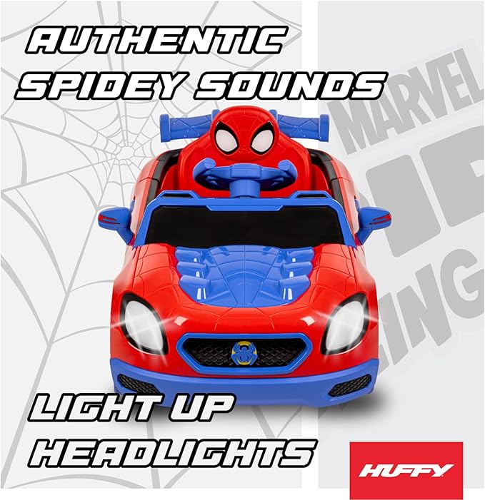 Huffy Marvel Spiderman 12V Ride-On Car, Ages 3–5, Parent Remote Control, Forward & Reverse, Realistic Sounds, Spidey and His Amazing Friends, Max 2.8 MPH
