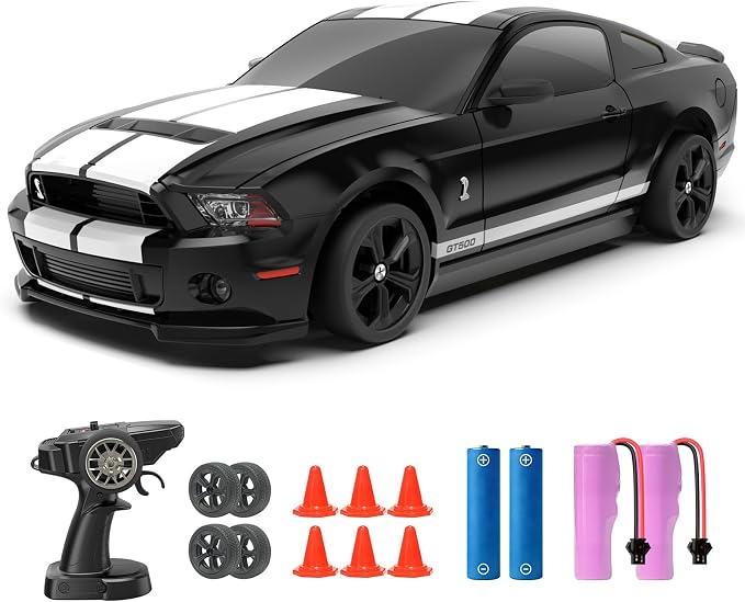 YONCHER RC Drift Car, Remote Control Car for Kids Ford Mustang Shelby GT500 Officially Licensed, 1:24 20KM/H 4WD with Lights, Fast Racing Toy Car for Boys Girls, Black