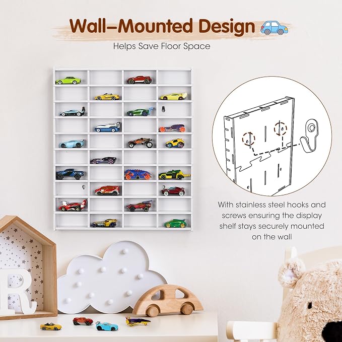Krafetto Toy Car Display Shelf, Holds 40 Diecast 1/64 Toys Car, Wall Mount Model Cars Storage Organize Case