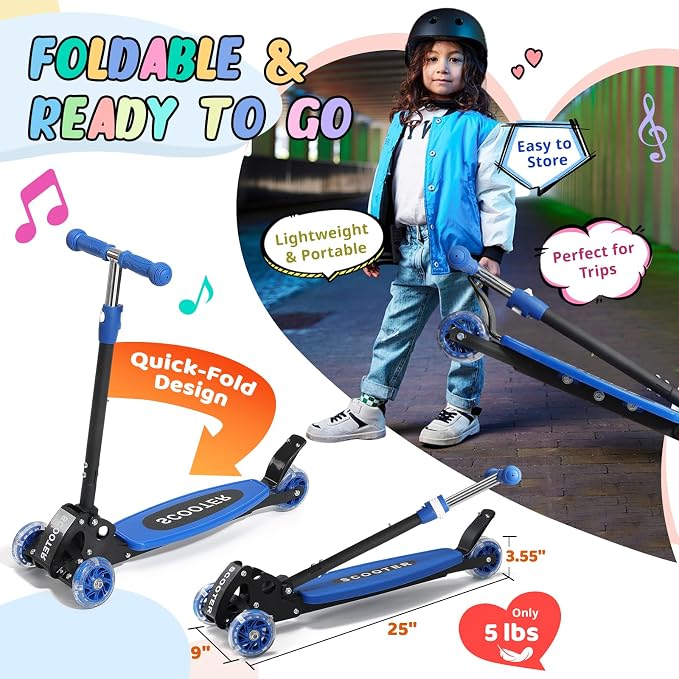 3 Wheel Kids Kick Scooter for Ages 3-12, Lean-to-Steer, Light-Up Wheels, 3-Level Adjustable Handlebar 27.5”-33”, Wide Non-Slip Deck, Dual Rear Brake,Travel Foldable, for Boys & Girls Toy Gifts