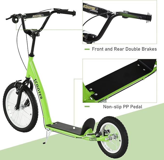 Aosom Youth Scooter Kick Scooter for Kids 5+ with Adjustable Handlebar 16" Front and 12" Rear Dual Brakes Inflatable Wheels