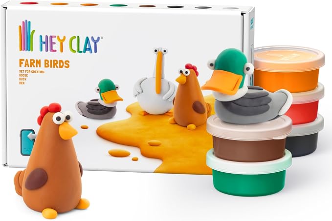 HEY CLAY Colorful Modeling Air Dry Clay for Kids 6 cans with Fun Interactive Instructions App - Kids Activities Age 3+ (Farm Birds: Duck, Goose, Hen)