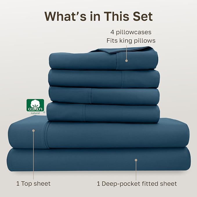California Design Den 6-Pc King Size Sheet Set with 4 Pillowcases - Soft 400 Thread Count 100% Cotton Sheets, Sateen Weave, Deep Pocket Bedsheets Set - Peacock Blue