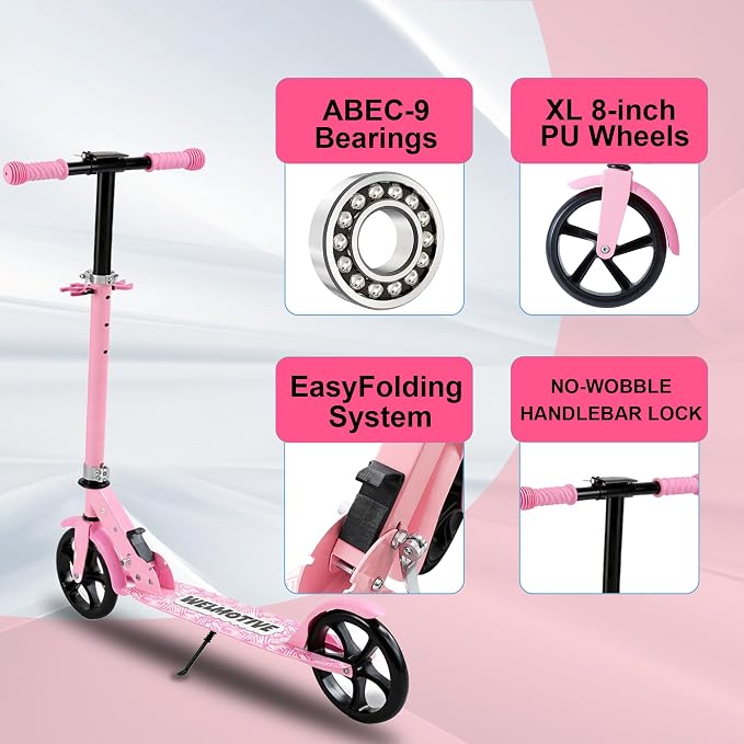 Kick Scooter for Kids Ages 6+, Teens & Adults, Adjustable Handlebars, Rear Brake, Big Wheel Foldable Scooter for Indoor & Outdoor
