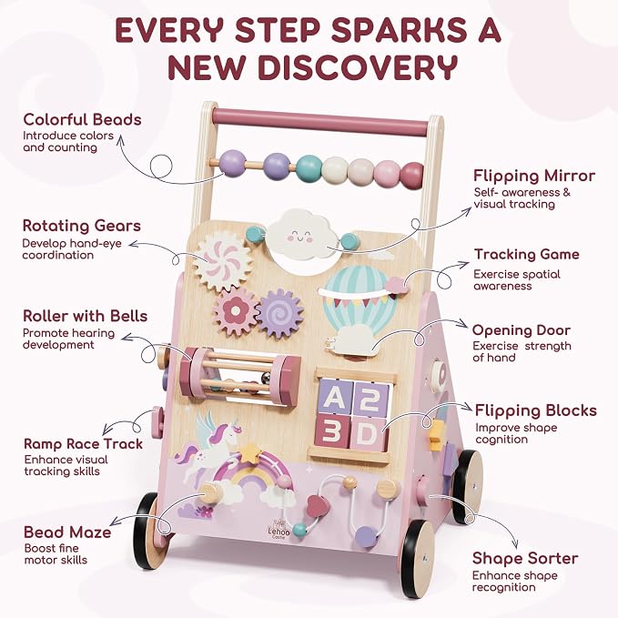 Lehoo Castle Unicorn Wooden Baby Walker, Adjustable Speed Baby Push Walker | Push Walker with 10-in-1 Activity Center, Montessori Walker Toy for 1 Year Old Girls Learning to Walk