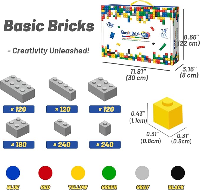 Pairez Toys 1000 Piece Blocks for Building, Bulk 2x4 Basic Bricks Building Set, Compatible with All Major Brands, STEM Building Toys for Kids Ages 4 5 6 7 8 (Classic)