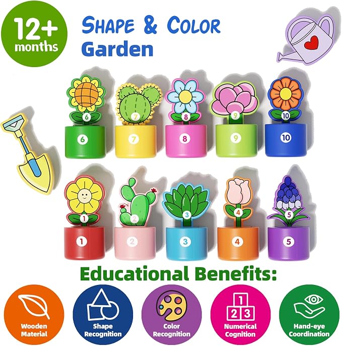GJZZ Montessori Shape and Color Sorting Toys, Wooden Flower Garden Set | Learning, Number Cognition, Fine Motor Skills, Birthday Gifts, Pretend Play for 2 Year Old Girl