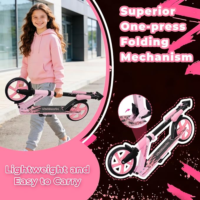 Nattork Scooter for Kids 6+, Teens and Adults- Adjustable Height Folding Kick Scooter with Large Sturdy Wheels for a Smooth Ride, Lightweight, Anti-Shock Suspension for Boys and Girls