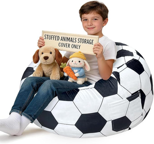 Lukeight Soccer Stuffed Animals Storage Bean Bag Chair Cover for Kids, Cozy Velvet Plush Toy Organizer Seat, Cover Only, No Filling Included, Long YKK Zipper, Side Pocket, X-Large 30 x 18 in