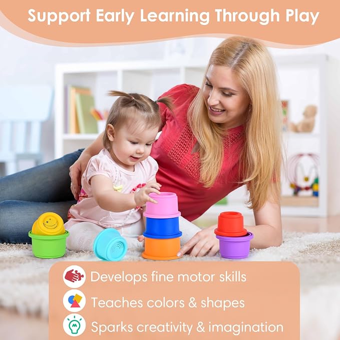 ZYFLSQ Stacking Cups Baby Toy 8 Pcs, Nesting Cups for Babies 6 Months+, Bath Toys with Pattern for Kids, Montessori Educational Toys for Toddler