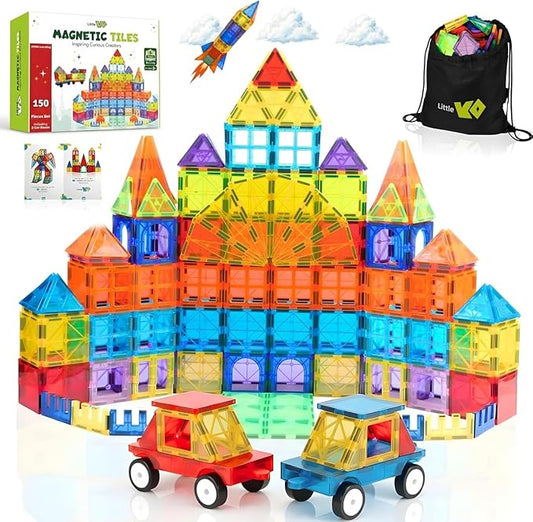 Magnetic Tiles 150 PCS with 2 Cars Bases, STEM Magnet Building Tiles for Kids Ages 3-12, Educational Building Magnets Toys, Creative Construction, Preschool Learning & Play for Childs
