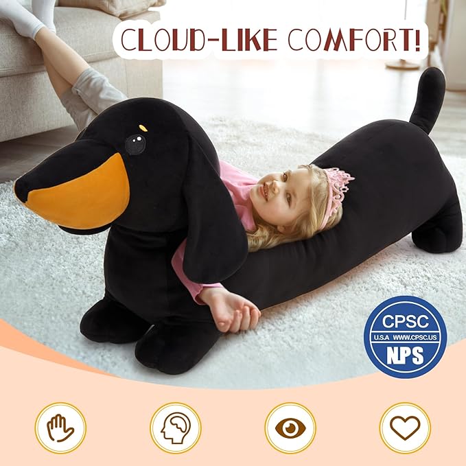 MorisMos Dachshund Stuffed Animal Plush 4ft, 43'' Long Weiner Dog Body Pillow for Kids Adults, Lifelike Weiner Dog Toy Designed in NYC, Realistic Black Dachshund Gift for Girl Boy Toddler Women