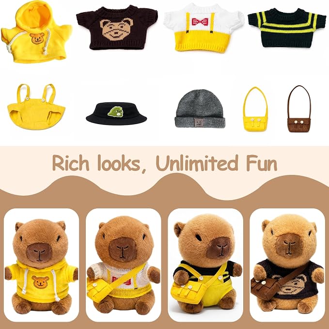 Capybara Plush Toy Capybara Plush with 9 Clothes and Accessories Super Soft Capybara Stuffed Animal for Kids Girls Boys 10.2inch (Black Capybara)