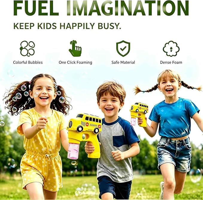 Bubble Gun for Kids Toddlers, School Bus Automatic Bubble Machine with LED Lights, 2 Bubble Solutions Included, Outdoor Toys for Boys Girls 3-8, Birthday Easter Christmas Party Gifts