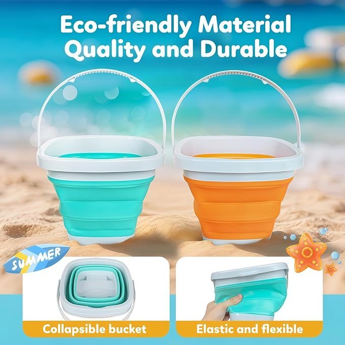 GKDOMS Kids Beach Toys Set with Collapsible Bucket, Sand Rake and Shovel, Turquoise and Orange, Ages 2-6, 2pack Travel Toys (Two Mix)