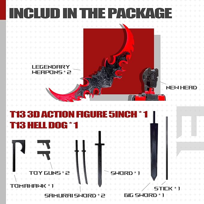 Uodofy (Assembly Completed) T13 3D Action Figure Set,Dummy Robo Titan 13 Action Figures,3D Printed Multi-Jointed Toy (Black Red + Dog)