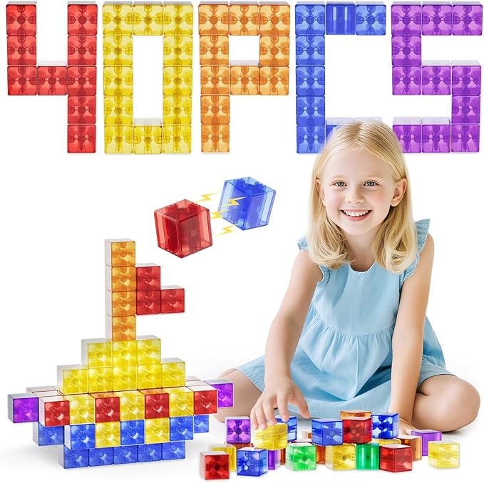 40 PCS Magnetic Blocks for Toddlers Age 1-3, 1.34" Transparent Large Magnetic Cubes for Kids , Magnet Blocks Montessori Sensory Toys for Boys Girls Birthday Gift, Big Building Cube Preschool STEM Toy