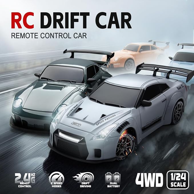 RC Drift Car, 1/24 Remote Control Drift Car for Adults Kids, 4WD 20KM/H High Speed Widebody Design Grey RC Sports Cars with LED Lights, Extra Tires, Vehicle for Boys Beginner Indoors Outdoors