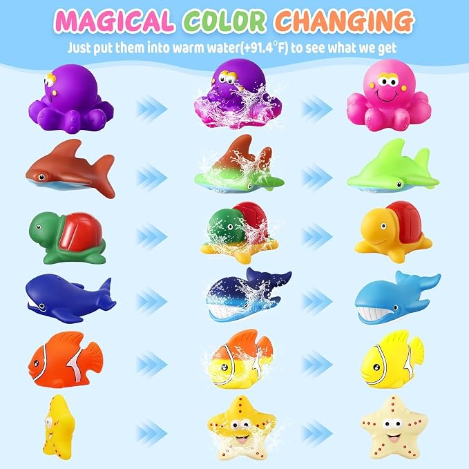 Color Changing No Hole Bath Toys for Kids, Toddler Bath Toys for Water Table Sea Creatures Pool Water Toys Bathtub Beach Sea Animal with Drying Bag
