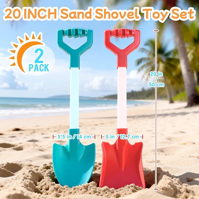 20 Inch Beach Sand Shovels for Kids, Heavy Duty Plastic Spades, 2 Pack Set for Sandbox Garden Snow Digging