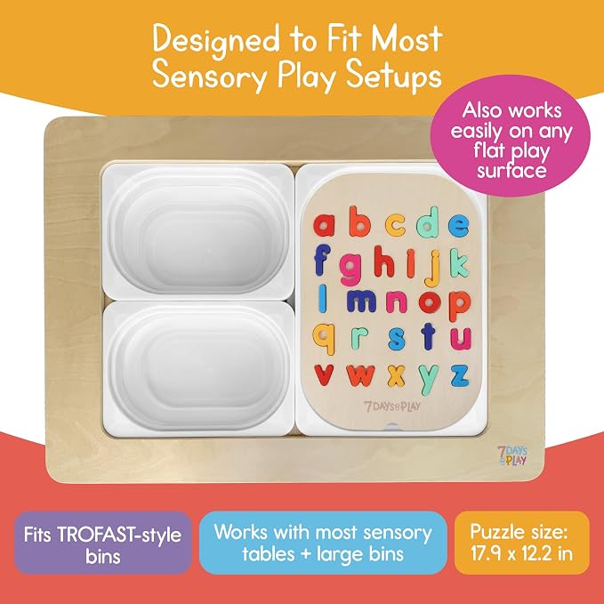 7 Days of Play Lowercase Alphabet Puzzle for Kids, Sensory Bin Insert for Sensory Tables, Silicone Letters, Wooden Fine Motor Learning Toy