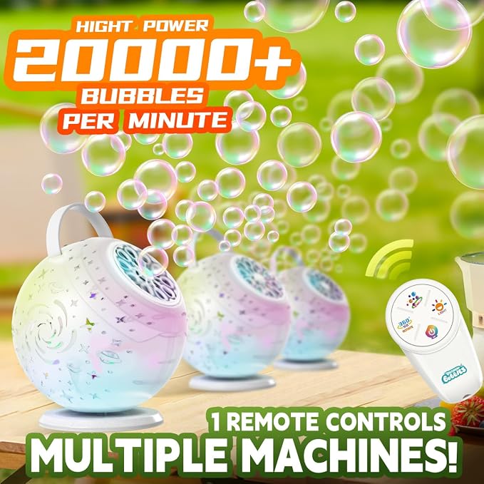 Rechargeable Bubble Machine - Auto 90°/360° Rotation, Remote Control(65-131ft), 9-Color LED, Larger Bubbles Design, Bubbles Maker Toys Gifts for Kids, Toddlers, Birthday, Parties, Wedding, Boys, Girls