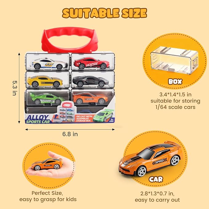 Die Cast Pull Back Toy Cars, 4 Pack 1:64 Mini Cars with (Big) | 4 pull-back die-cast mini cars with a portable storage case for racing, collecting, sharing, and travel play.