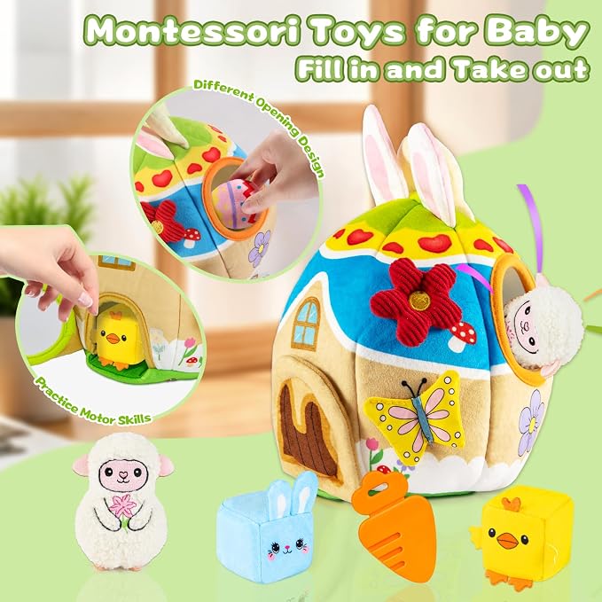 Baby Toys 6-12-18 Months - My First Plush Bunny Burrow with Stuffed Animals, Rattle, Crinkle, Teether, Montessori Sensory Toys for Babies Toddlers 1-3, Baby Block Stacking Toy for Boys Girls Gifts