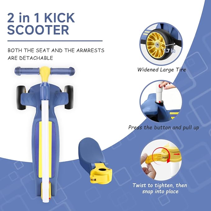 2 in 1 Kick Scooter with Removable Seat, 3 LED Wheels Kick Scooter for Kids, 4 Adjustable Height & Foldable Design Toddler Scooters Sit or Stand Ride for Boys & Girls 2-10 Years Old