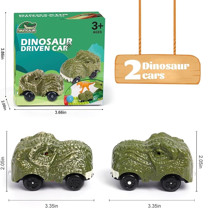 Funbud 2-Pack Dinosaur Race Car Toy for Kids - Birthday Gift for 3 4 5 6 7 Year Old Boys, LED Light Up Track Racing Car Compatible with Most Dino Race Track