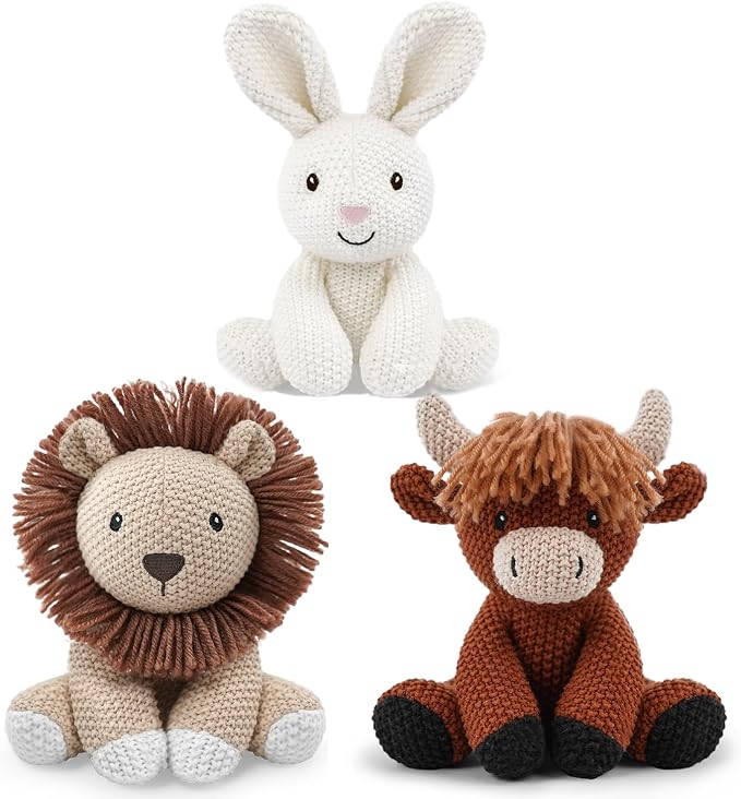 3Pcs Easter Stuffed Animals Toys for Girls 7-8 Inch Cute White Bunny Plush, Cuddly Highland Cattle Toy and Soft Crochet Lion Knitted Cotton Baby Plush Toy Gift for Kids and Newborns, Christmas