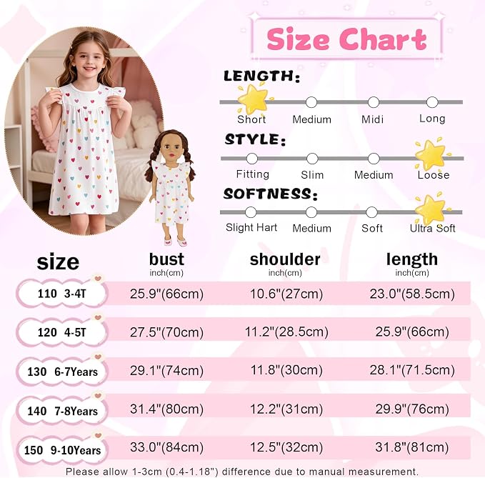 AmzBarley Matching Doll & Girl Pajamas Girls Nightgowns Sleepwear Night Dress for Kids and 18 inch Doll Clothes